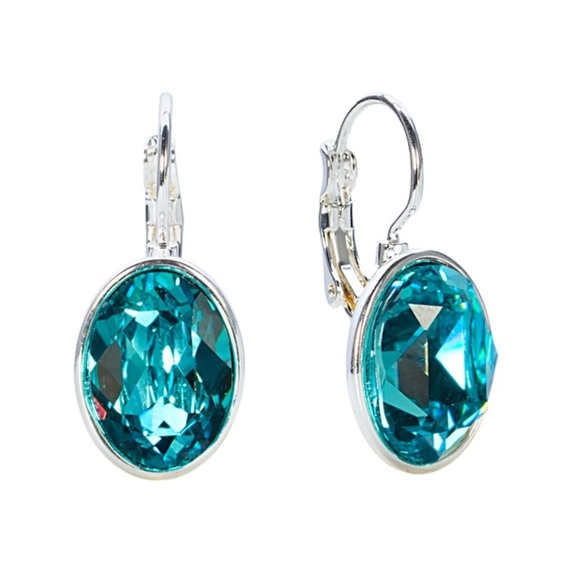 Silvertone Light Turquoise Oval Lever back Earrings with Swarovski Crystals - Picture 1 of 1